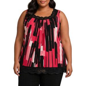 New Directions Plus Size 2X Top Pink Black Abstract Sleeveless Lace Trim